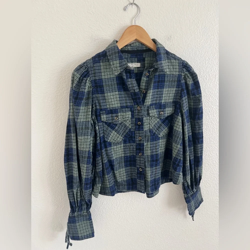 FREE PEOPLE blue sun city plaid puff sleeve top grunge preppy / size XS - Picture 3 of 8